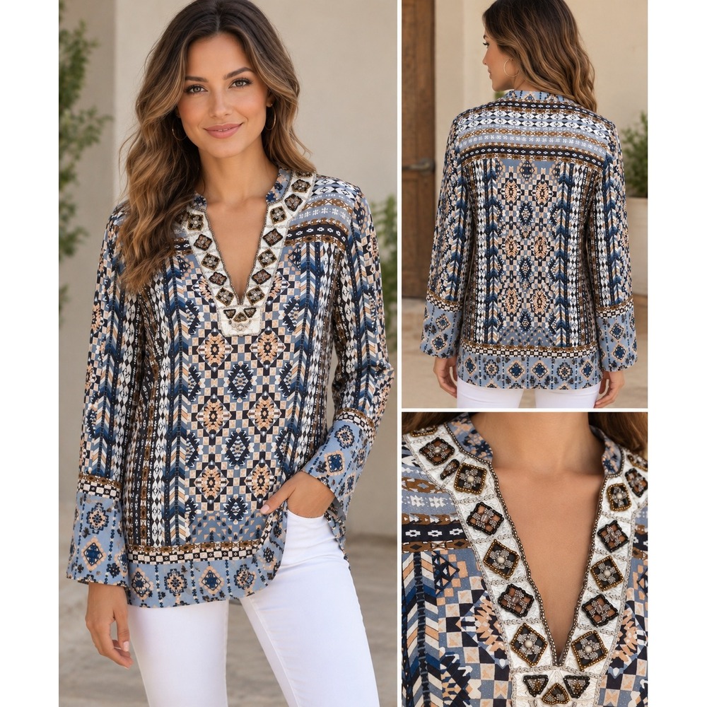 Hale Bob Beaded V-Neck Geometric Print Tunic Top S Blue Gray 6CTH2350